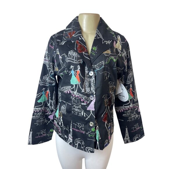 Parsley & Sage Womens Fashion Jacket With Colorful City Print Sz M - Picture 1 of 7